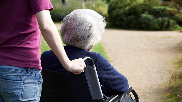 Elderly Woman getting pushed in a wheel chair down a paved path in the park