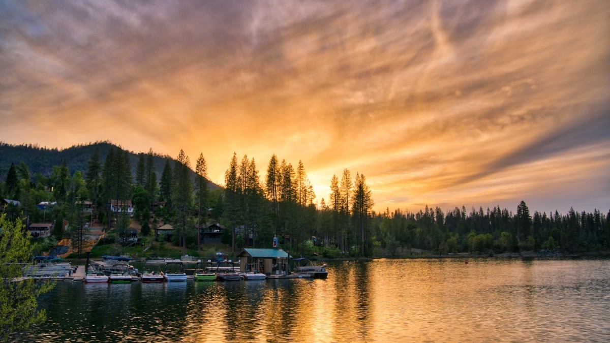 Lake with a sunset in the background